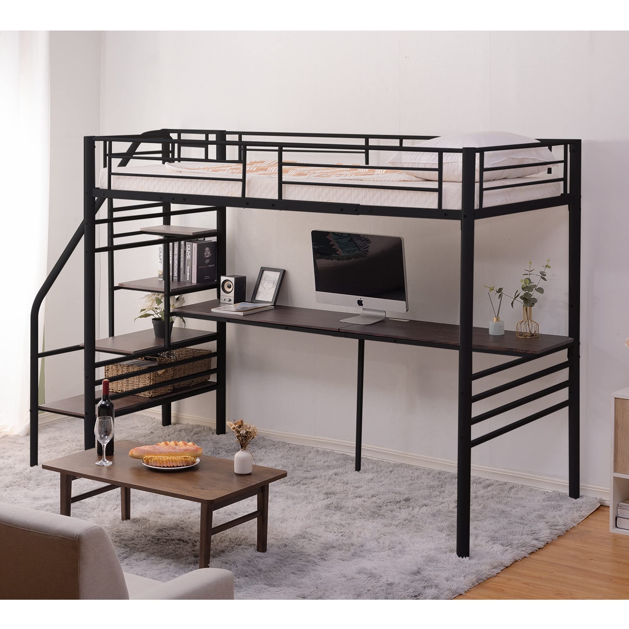 Amazon｜【97cm*195cm】ロフトベッド 階段付き パイプベッド シングル